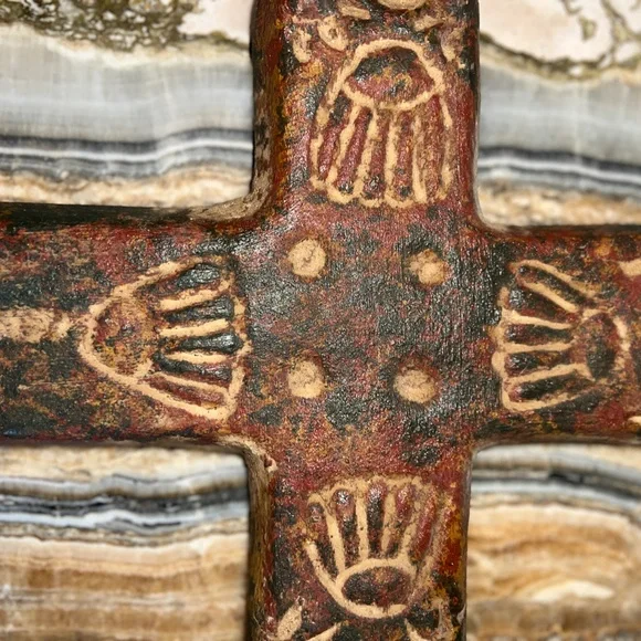 ENDED Vintage Mexican Terracotta Wall Cross Clay Folk Art Rustic 11 X 8 - Picture 2 of 6